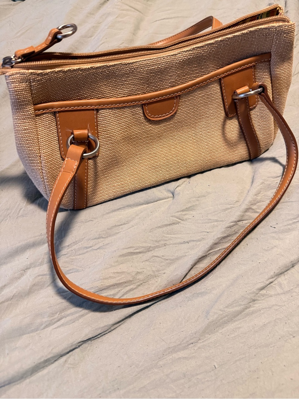 Fossil Beige Canvas and Brown Leather Shoulder Bag